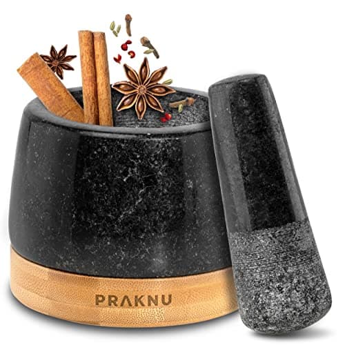 Image of Praknu Pestle and Mortar Set Small - Solid Granite - For a Fine Grinding Result - Includes Sustainable FSC®Wooden Base - Easy to Clean