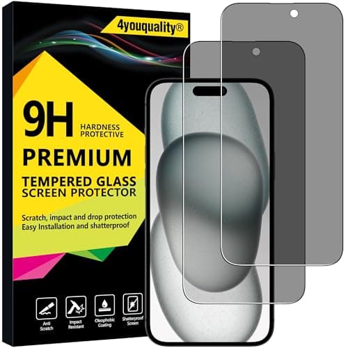 Image of 4youquality Privacy Screen Protector for iPhone 15 Plus (6.7-Inch), Anti Spy Tempered Glass Film, 2-Pack, [LifetimeSupport][Anti-Spy][Impact-Resistant][Anti-Scratch]
