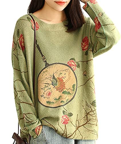 Image of YESNO Women Long Sleeve Jumpers Knitted Graphic Sweater Crew Neck Loose Vintage Pullover Sweater Tops (XL S01UK CR22)