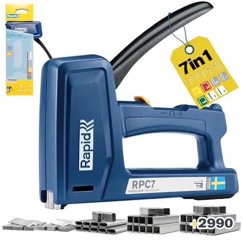 Image of Rapid RPC7 Heavy Duty 7-in-1 Staple Gun for Wood & Upholstery – Staples & Brads Included, 2990 pcs – Versatile for DIY, Cables and Carpet – 50% Easier to Squeeze – Made in Sweden (5001746)