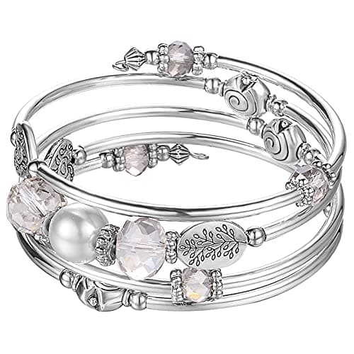 Image of BULINLIN Crystal Beads Layered Bangle Bracelet, Silver Plated Metal Wrap Bracelet with Pearl, Jewellery Gifts for Women Ladies Friends（92-Grey）