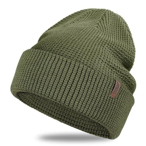 Image of Outdoor Shaping Soft Merino Wool Blend Knit Cuffed Beanie for Men Women Winter Warm Ski Skull Caps Olive
