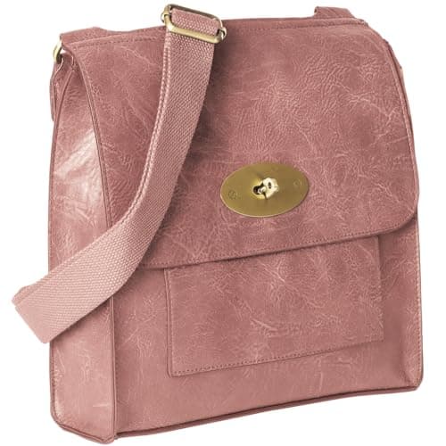 Image of Mabel London Women's Cross-Body Bags Leather Large/Medium Twist Lock Cross Body Messenger Bag Turnlock Shoulder Bag - Nadia (Dusty Pink)