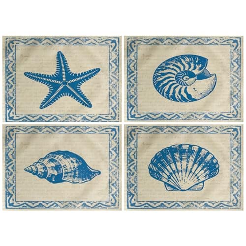 Image of Vintage Sea Theme Placemats Set of 4 Coastal Beach Table Mats Waterproof Heat Resistant Washable Non-Slip Place Mats for Dinner Room Kitchen Decor Table 12”×16”
