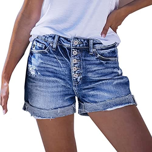 Image of Womens Denim Shorts Summer Ripped hot Pants high Waisted Distressed Jorts Washed Rolled Hem Jean Shorts Classic fit Short Jeans with Pockets Ladies Casual Beachwear Loungewear