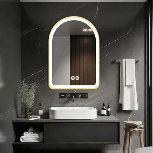 Image of HIGHBATH 40 x 60 cm Arched LED Mirror for Bathroom, Arched Lighted Vanity Mirror, Dimmable, Shatter-Proof, Anti-Fog, 3 Colors, Memory, Gold