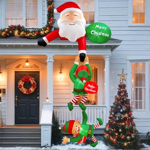 Image of GUDELAK 8FT Christmas Inflatables Outdoor Decorations, Hanging Inflatable Santa Claus Pulling Elf with Gift Bag, Blow up Christmas Decorations with LEDs for Xmas Yard Lawn Porch Garden Decor