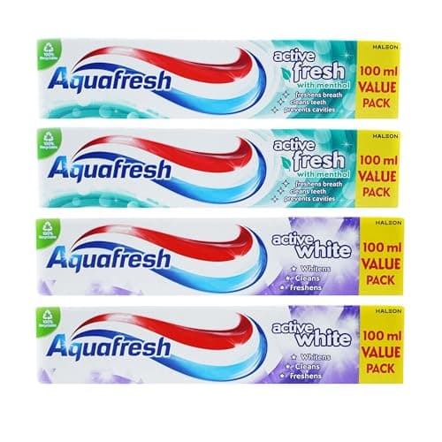 Image of Home & Hatch Toothpaste Bundle: Includes 2 Packs of Aquafresh Active Fresh and 2 Packs of Active White Toothpaste, (100ml Each) Complete Oral Care for The Whole Family
