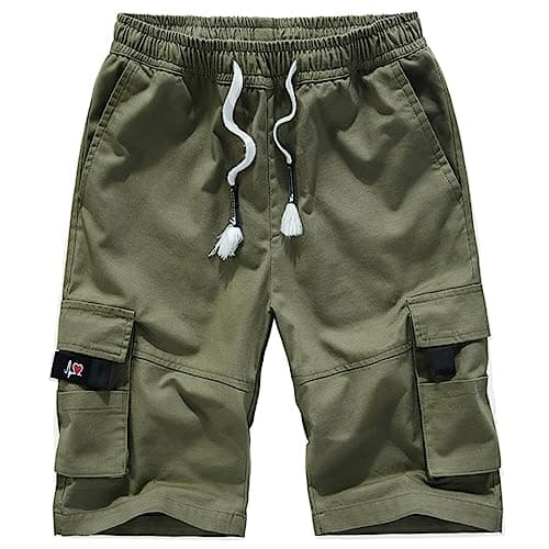 Image of iCKER Mens Cargo Shorts Summer Casual Elastic Loose Fit Combat Work Shorts Cotton Multi Pocket,Army Green,M