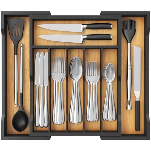 Image of Lifewit Cutlery Drawer Organiser, Extendable Cutlery Tray for Kitchen Drawers Insert, Wood Utensil Holder Adjustable Storage for Spoons Forks Knives, 33-57x38cm, Natural&Black