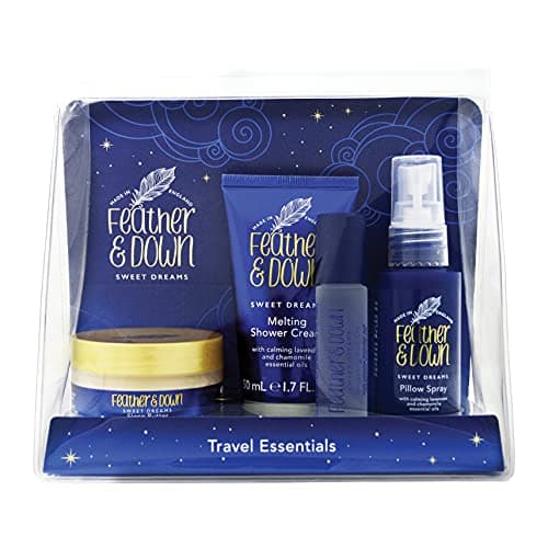 Image of Feather & Down Travel Essentials Gift Set (Pillow Spray, Melting Shower Cream, Sleep Butter & Relaxing Roll-On) - Infused with Lavender & Chamomile Essential Oils. Vegan Friendly & Cruelty Free.