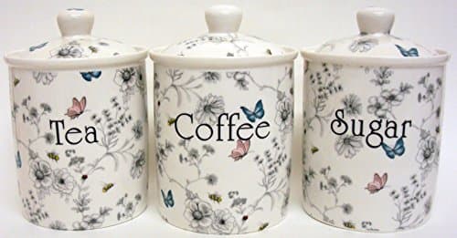 Image of fromeuropewithlove Secret Garden Tea Coffee Sugar Canisters Set of 3 Fine Bone China Flowers Butterflies and Bees Storage Jars Hand Decorated in UK