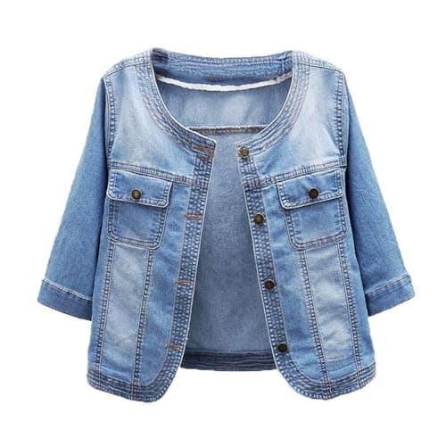 Image of TURWXGSO Women's Soft Denim Jacket Lightweight Round Neck Shrug Jacket Coat Half Sleeve Cropped Jeans Jackets Casual Oversized Outerwear Top Basic Button Denim Jackets with Pocket UK Size 8-18
