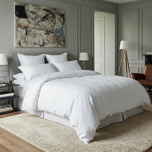 Image of Whites of London | Luxury White Linen Bedding Set | 100% French Linen | Ultra-Soft & Breathable | Hand Embroidered Pillowcase | 1 Duvet Cover & 2 Pillowcases (Super King, White, Solid)
