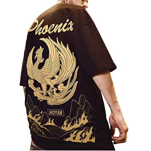 Image of XYXIONGMAO Japanese Men's Casual Tees Shirts Top Unisex Phoenix Graphic Printed Streetwear Hip Hop T-Shirt, Black, Medium