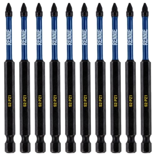 Image of 10 x Rennie Tools 100mm Long PZ1 Impact Screwdriver Driver Bits Set. Heavy Duty PoziDriv POZI No.1 Magnetic Screwdriver Bit Set. PZ1 Impact Driver Bits Pozidrive Screw Accessories.