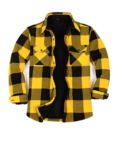 Image of ZENTHACE Mens Shacket Flannel Jacket Sherpa Fleece Lined Plaid Flannel Shirt Jackets Thick Outdoor Work Shirts Yellow and Black XL