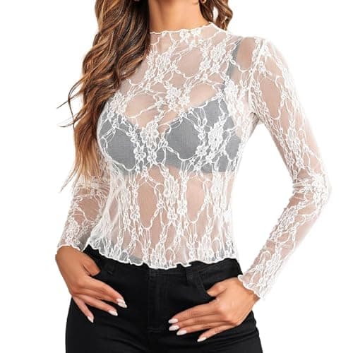 Image of Sahunfri Mesh Tops for Women, Lace Tops for Women UK Sexy See Through Shirts, Y2K Lace Top Layering Blouses (UK, Alpha, M, Regular, Regular, Standard, White)
