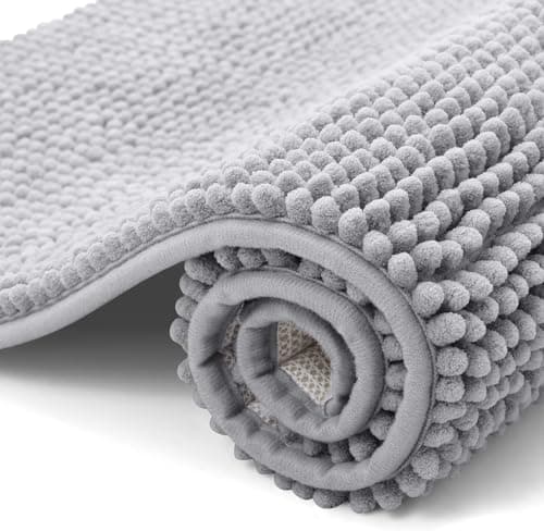 Image of smiry Non Slip Chenille Bath Mat, 50 x 80 cm, Extra Soft Bathroom Mat, Super Absorbent Fluffy Bath Mats for Bathroom Floor, Machine-Washable Dry Bath Rug Foot Mat, Grey