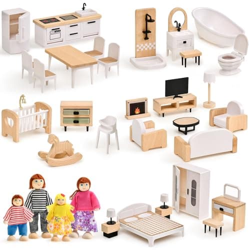 Image of Atoylink Wooden Dolls House Furniture Set, 36pcs Beech Wood and Plastic Dolls House Accessories with 5 Set Rooms & 4 Family Doll, Pretend Play Furniture Toys Gift for Boys Girls 3 4 5 6 7 Years Old