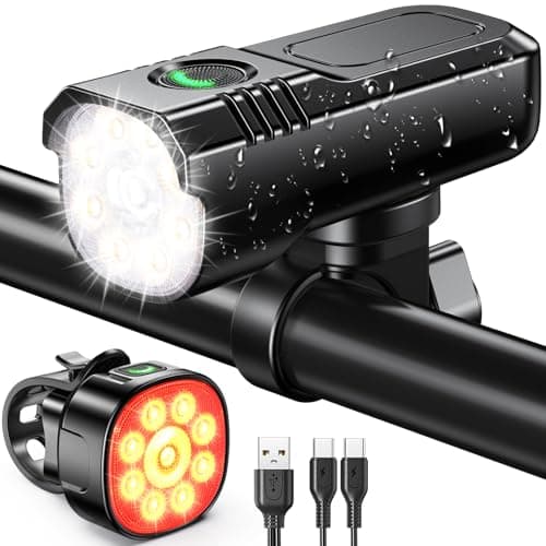 Image of Rolgno Bike Lights Front and Back, [8+7 Lighting Modes] & [Sturdy Aluminum Alloy] Super Bright LED Bicycle Lights, USB Rechargeable & IP65 Waterproof Bike Light Set for Mountain, Motorbike Lamps