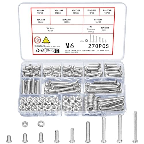 Image of Vwoqiy 270 Pcs M6 Screws Set, Pan Head Machine Screws Bolts and Nuts and Washers Assortment Kit, Assorted Galvanized Round Head Cross Pan Head Screws Bolts and Nuts Sets (silvery 270)