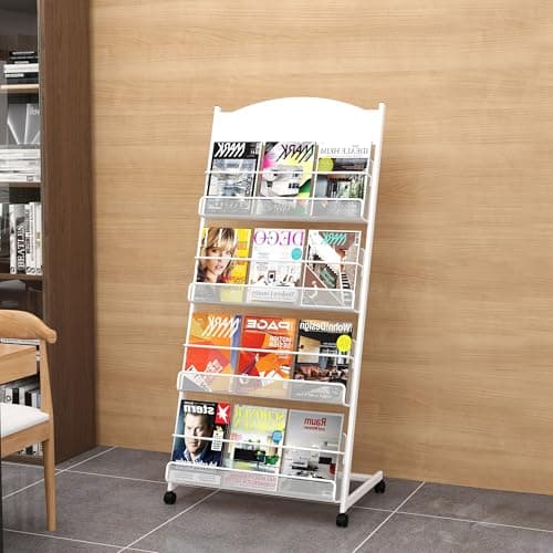 Image of tonchean Magazine Display Rack 4 Tier with Wheels, Metal Brochure Stand 63x36x146cm, Floor Standing Literature Display Stand Newspaper Catalog Holders for Trade Show, Exhibitions, Home and Office