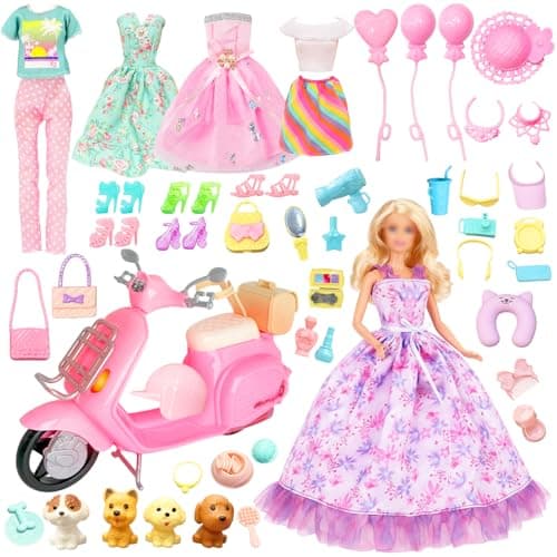 Image of 46Pcs Doll Clothes and Accessories Compatible with Barbie 11.5 Inch Girl Dolls, Motorcycle Scooter Doll Clothes Include 3 Dresses 2 Tops 1 Skirt 1 Trousers 1 Motorbike 5 Shoes 34 Accessories (NO Doll)