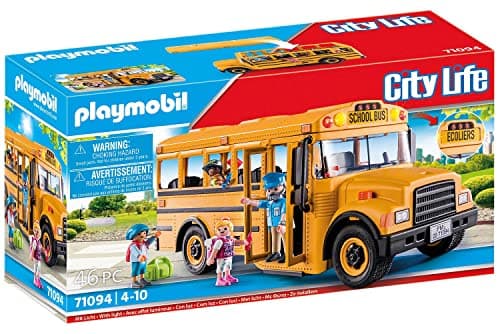 Image of Playmobil 71094 City Life School Bus, yellow US toy bus , educational toy, fun imaginative role-play, playset suitable for children ages 4+