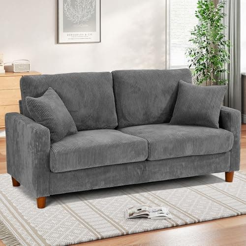 Image of TOTEBOX Corduroy 2-Seater Sofa Loveseat Couch Grey, Modern 178cm Long Love Seat Sofas with Cushion Seat, 2 Pillows, Solid Wood Frame, for Living Room