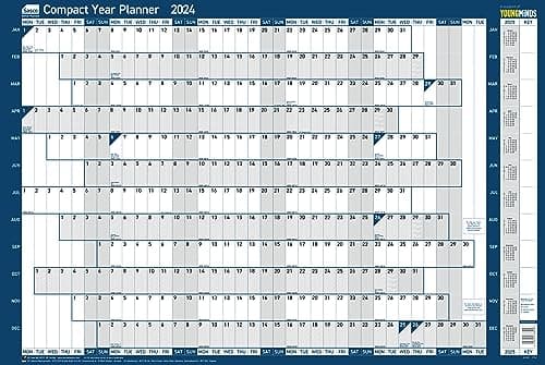 Image of Sasco 2024 Compact Yearly Wall Planner, Paper Mini Whiteboard Poster Style Dry Erase Calendar, Small Wall Planner with Dry Erase Pen, Pen Clip & Stickers, Wall Chart & Notice Board, Blue, 610x405mm
