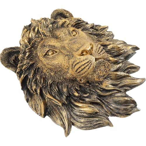 Image of Realistic Resin Lion Head Wall Sculpture, 20X23X9.5Cm Faux Copper Finish Animal Wall Hanging Ornament for Home and Coffee Shop Decoration