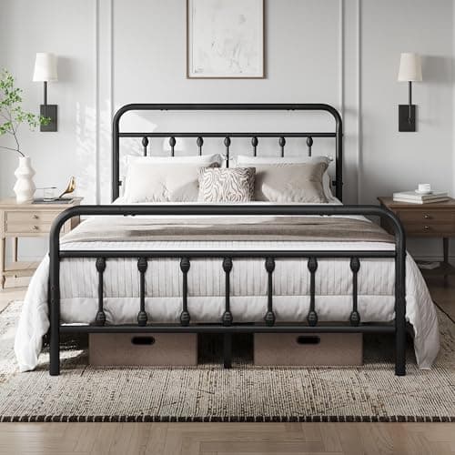 Image of Yaheetech 4ft6 Double Bed Frame Vintage Iron Platform Bed with High Headboard and Footboard, Strong Metal-Framed Bed with Storage Black