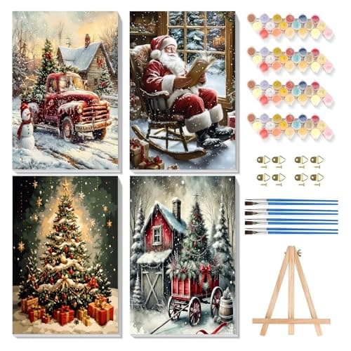 Image of Bowetile 4 Pack Framed Christmas Paint by Numbers for Adults Canvas&Wooden Easel, Santa Painting by Numbers Kit for Beginners Canvas, DIY Color Oil Painting Acrylic Paints for Home Wall Decor20x30cm