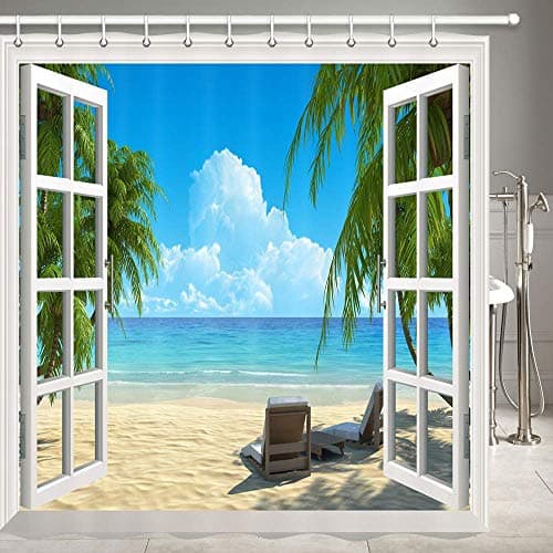 Image of JOOCAR Garden Shower Curtain, Palm Tree Decor Ocean Beach Seascape Through White Wooden Windows Summer Scene Tropical Island Blue Green, Waterproof Cloth Fabric Bathroom Decor Set with Hooks