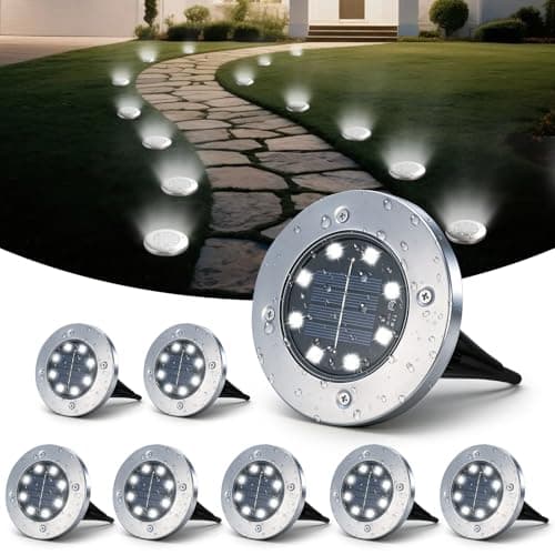 Image of SLWOO Solar Lights Outdoor Garden - 8 Pack Solar Ground Lights, 8 LED White Solar-Powered Disk Light Outdoor, IP65 Waterproof Landscape Lighting for Garden Pathway Lawn Patio Yard