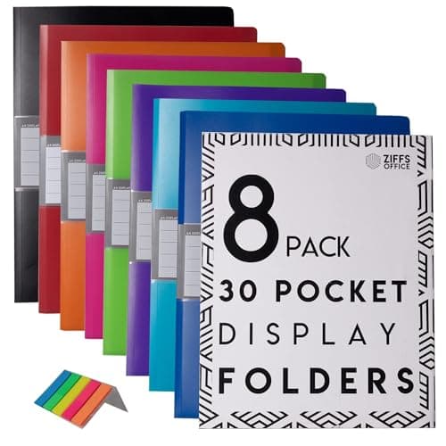 Image of 8 x 30 Pocket A4 Display Folders - A4 Display Folders with Plastic Pockets - A4 Folder - Display Book - Presentation Folders - 250 Sticky Labels Included - Project Folder - British Brand