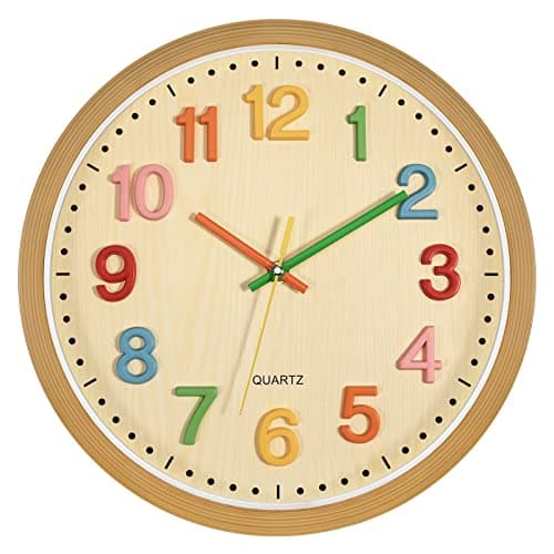 Image of Foxtop Silent Non-Ticking Decorative Colorful Kids Wall Clock Easy to Read for Classroom, Kids Room, School, Playroom, Nursery Room (3D Number, 30 cm)