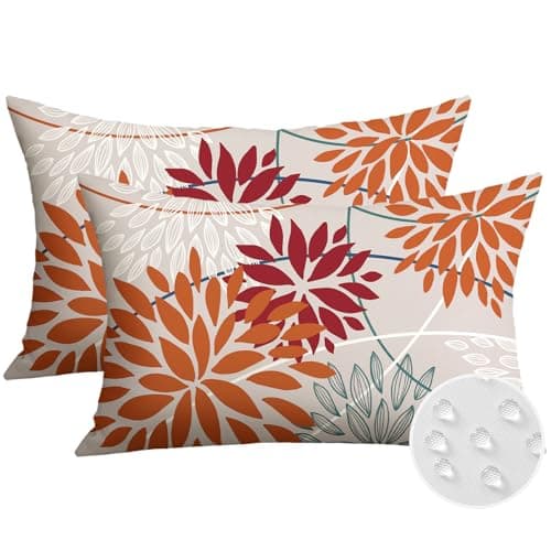 Image of JOTOM Outdoor Cushion Covers 30x50 cm Set of 2 Flowers Waterproof Decorative Throw Pillow Covers Floral Lumbar Pillowcases for Patio Sofa Couch Bench Tent Indoor Decoration Orange Red