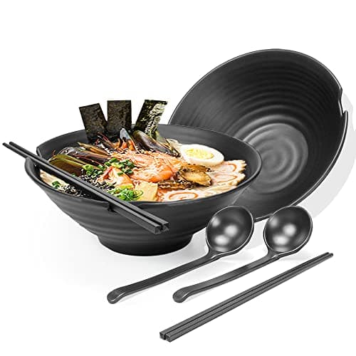 Image of 2 Set Large Noodle Ramen Bowl - Plastic Japanese Picnic Tableware for Pasta Dishes Salad Udon Soup Soba Pot Noodles Bowls 2×1100 Ml Bowl Chopsticks Spoon Sets Suit for Dinner Christmas Birthday Gifts