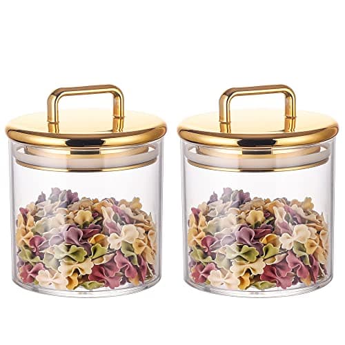 Image of 2 Pack 16 oz Small Acrylic Storage Apothecary Jar with Gold Airtight Lid,Bathroom Vanity Organizer Containers,Perfect Decorative Canisters for Shells, Bath Salt, Cotton Swabs, Cotton Ball, Flossers