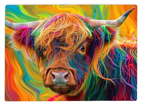 Image of Shopagift Abstract Rainbow Highland Cow Glass Chopping Board Large Kitchen Worktop Saver 39cm x 28cm