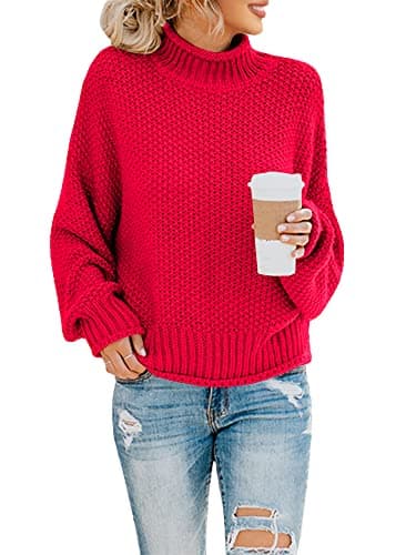 Image of Saodimallsu Women's Rollneck Pullover, Oversized Batwing Long Sleeve Sweatshirt, Loose Chunky Knit Casual Sweater, red, XL