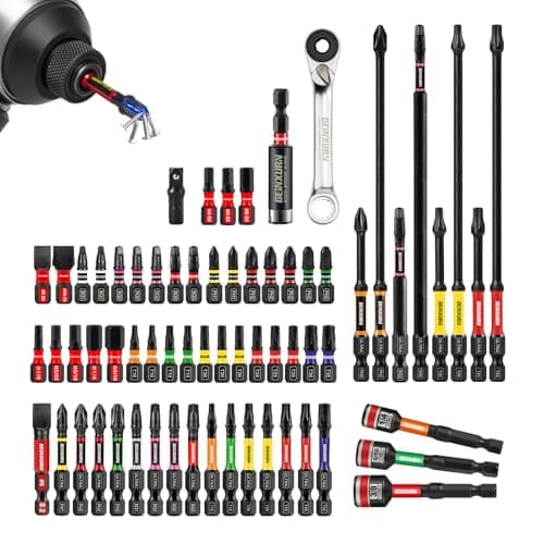 Image of Geinxurn 66 Pieces Impact Screwdriver Bits Set, Magnetic S2 Steel Phillips/Pozidriv/Torx/Hex/Slotted Insert Power Bits Tips with Impact Bit Holder, Impact Nut Driver and Mini Ratchet Wrench