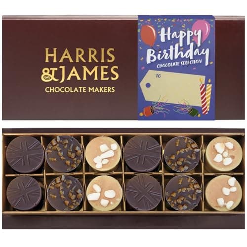 Image of HARRIS & JAMES Happy Birthday Gift Box (12 Pack) Filled With Milk and White Chocolate Truffles. Handcrafted Chocolate In Three Flavours Eton Mess, Salted Caramel & Biscuit Royal.