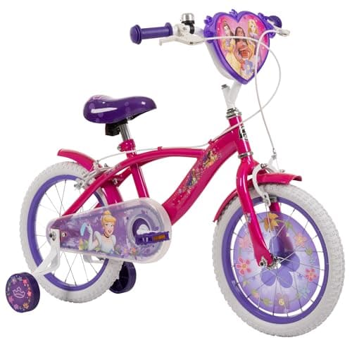 Image of Huffy Disney Princess 16" Kids Bike, Decorative Wheel Insert, Removable Stabilisers, Bell, Front and Rear Mudguards, Enclosed Chain, Girls’ Bicycle for Ages 4-6 - Pink and Purple