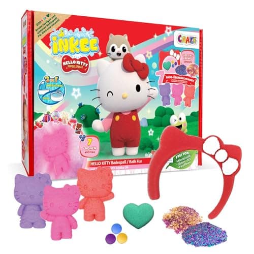 Image of INKEE Hello Kitty Kids Bath Gift Set – 7 Bath Bombs and Bath Salts with Jojoba Oil and Fun Scents – Bubble Bath Toys for Girls and Boys, Bath Time Gift for Children Age 3+