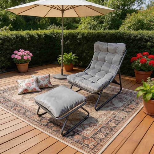 Image of BIRCHTREE Sun Lounger Garden Reclining Lounge Chair with Footstool, Padded Cushion Relax Seat, Heavy Duty Metal Frame 350kg Capacity, Outdoor Patio Relax Chair for Garden Balcony Camping, Grey