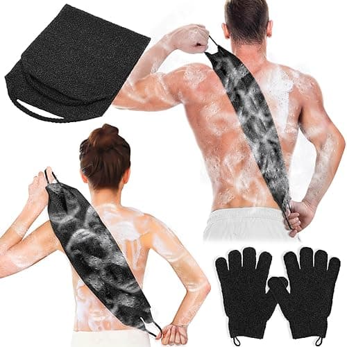 Image of Anezus Exfoliating Back Scrubber Bath Gloves Set, Exfoliating Shower Towel with Shower Gloves for Body Scrub, Back Cleaner Wash Gloves to Remove Dead Skin (Black)