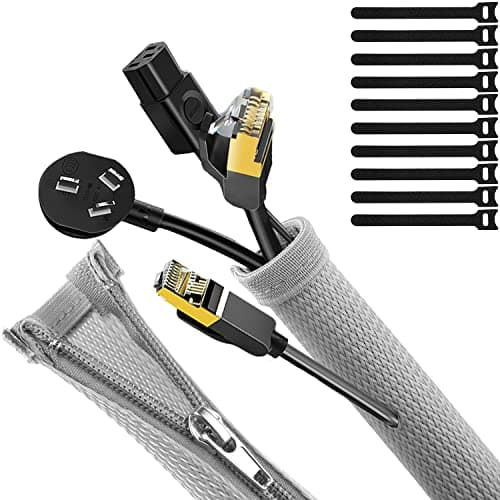 Image of UPXDUMI Cable Tidy Zip Sleeve for PC/TV, 20mm - 1.2m Desk Cable Management Organisers, Wire Tidy Loom Tube Cord Wrap Protector with 10 PCS Reusable Cable Ties for Home, Office, 50+70cm, Grey Silver